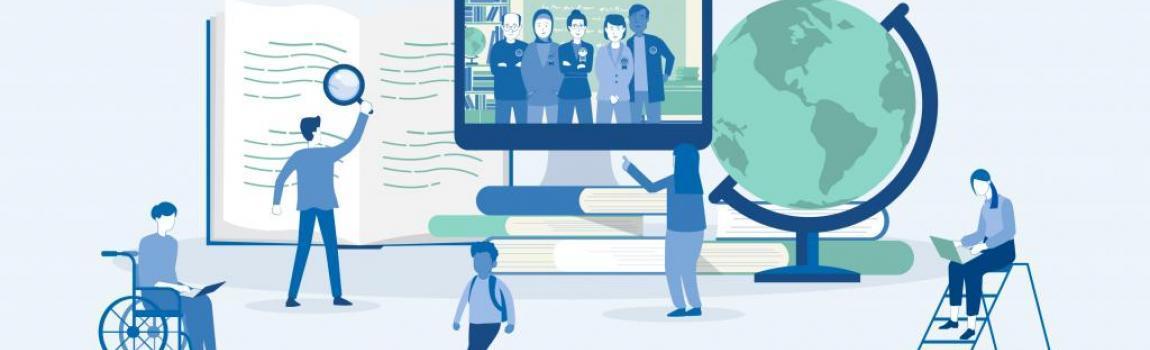 vzbv Grafik mit Globus, Bildschirm, Büchern zu schulischer Verbraucherbildung