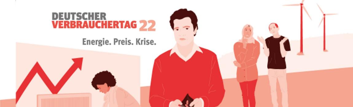 vzbv Comicgrafik Menschen mit leerer Geldbörse, vor Windrädern, vor Heizkörper mit Pfeilkurve nach oben