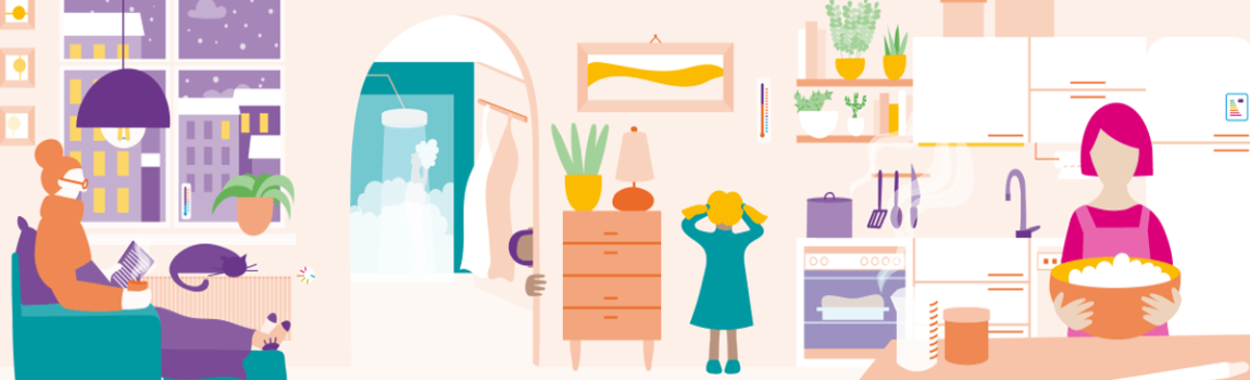 VZ Brandenbrug Blick in Wohnung: Frau bäckt, Oma sitzt im Sessel, Mädchen vor dem Spiegel