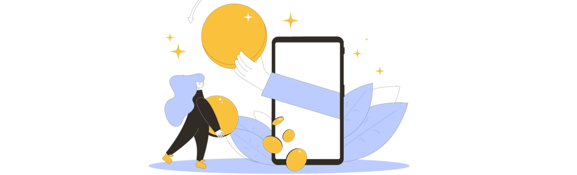 iStock.com/ Syuzanna Guseynova Grafik mit Frau großem Smartphoone, Münzen und Blättern