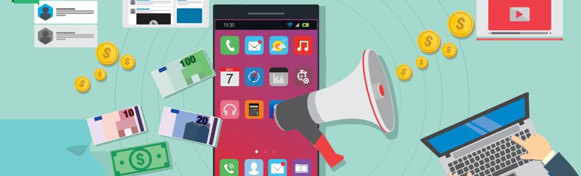 iStock.com/aa_amie Grafik Smartphone, Megaphone, YouTubeZeichen, Laptop