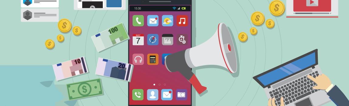 iStock.com/aa_amie Collage digitale Geräte und Icons, Geldstücke und Megaphone