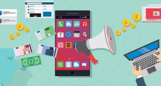 Grafik mit Smartphone, Megaphone, YoutubeSignet, Laptop und Euromünzen