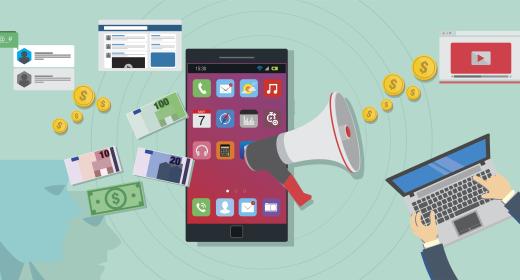 Icons digitale Medien und Megaphone, aus dem Münzen kommen