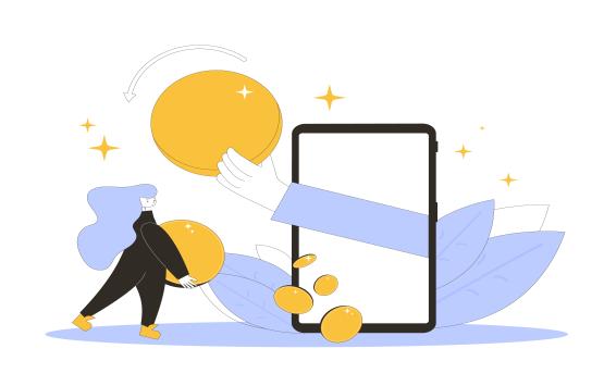 Mobiltelefon, aus dem ein Arm mit Münze in der Hand herauskommt und fallende Münzen, copyright: iStock.com_Syuzanna Guseynova